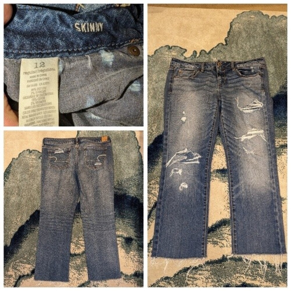 American Eagle Women's Size 12R Skinny Blue Denim Destroyed Jeans